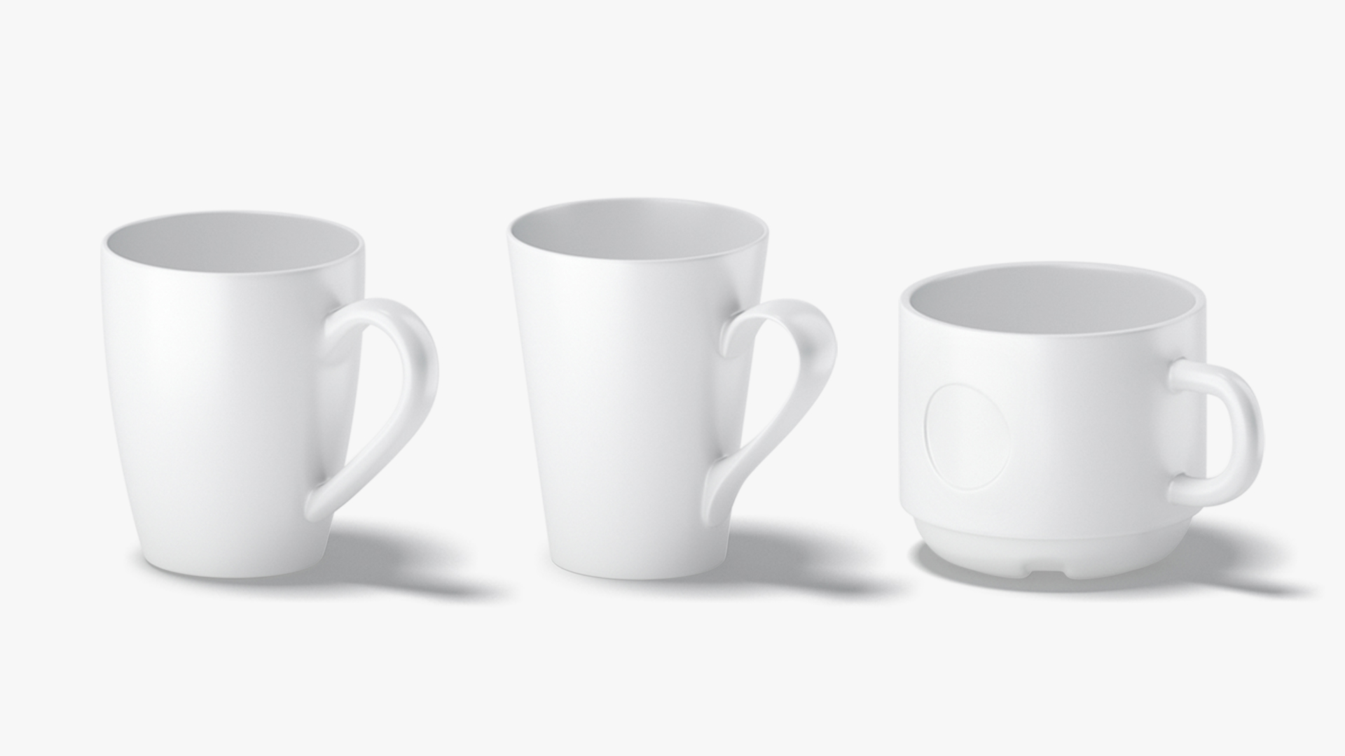 10 Mugs Shapes white ceramic cups with different forms and sizes by